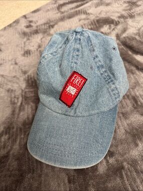 Light Blue Denim Baseball Cap with Red 'FIRE' Patch